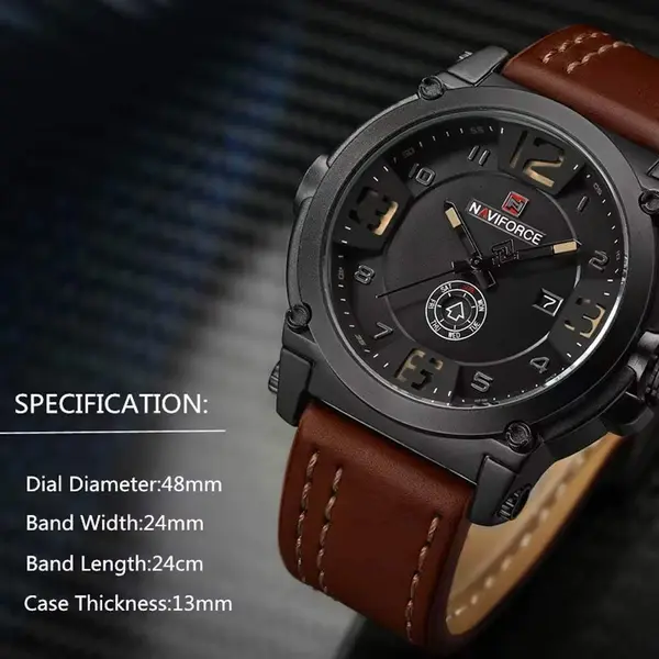 Naviforce NF9099 Luxury Leather Strap Chronograph Casual Male Fashion Watch – Dial Color: Black, Strap Color:  Brown  – View 4