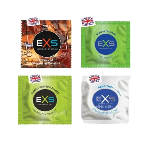 EXS Mixed Condom Pack (Ribbed & Dotted, Nano Thin, Cola, Glow in the Dark) – 4 Varieties – Premium Vegan Latex, Ultra-Thin, Lubricated – View 2