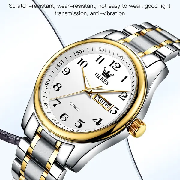 OLEVS 5567 Royal Stainless Steel Waterproof Chronograph Couple's Watch with Luminous – Dial Color: White, Strap Color: White Gold – View 7