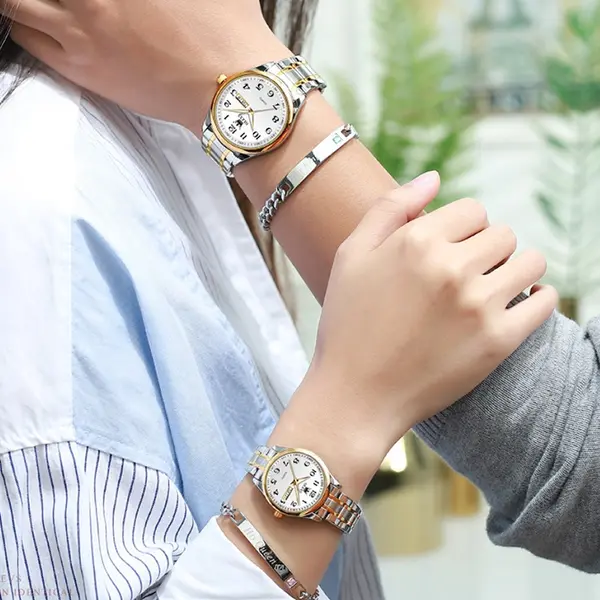 OLEVS 5567 Royal Stainless Steel Waterproof Chronograph Couple's Watch with Luminous – Dial Color: White, Strap Color: White Gold – View 8