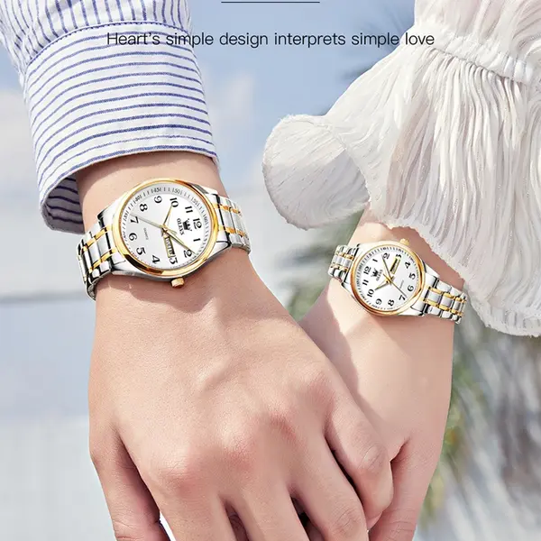 OLEVS 5567 Royal Stainless Steel Waterproof Chronograph Couple's Watch with Luminous – Dial Color: White, Strap Color: White Gold – View 9