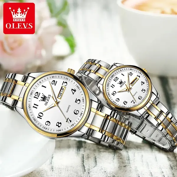 OLEVS 5567 Royal Stainless Steel Waterproof Chronograph Couple's Watch with Luminous – Dial Color: White, Strap Color: White Gold – View 4
