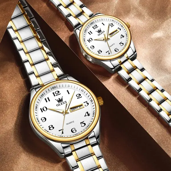 OLEVS 5567 Royal Stainless Steel Waterproof Chronograph Couple's Watch with Luminous – Dial Color: White, Strap Color: White Gold – View 5