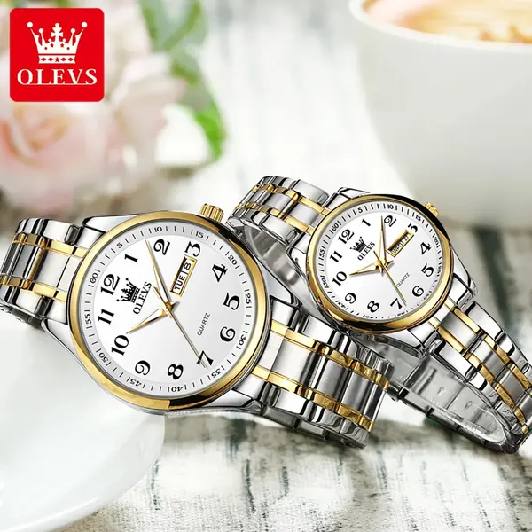 OLEVS 5567 Royal Stainless Steel Waterproof Chronograph Couple's Watch with Luminous – Dial Color: White, Strap Color: White Gold – View 10