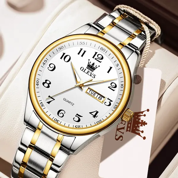 OLEVS 5567 Royal Stainless Steel Waterproof Chronograph Couple's Watch with Luminous – Dial Color: White, Strap Color: White Gold – View 12