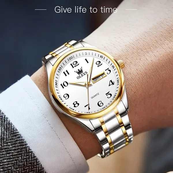 OLEVS 5567 Royal Stainless Steel Waterproof Chronograph Couple's Watch with Luminous – Dial Color: White, Strap Color: White Gold – View 3