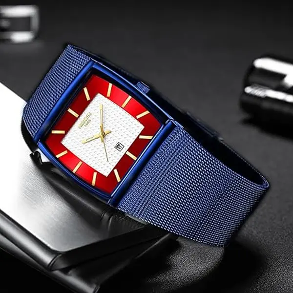 Nibosi 2376 Comfortable Mesh Stainless Steel Fashion Men's Watch – Dial Color: Red, Strap Color: Blue – View 2