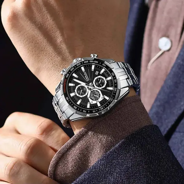 CRRJU 2306 High Quality Stainless Steel Multifunctional Quartz Classic Men's Watch – Dial Color: Black, Strap Color: Silver – View 2
