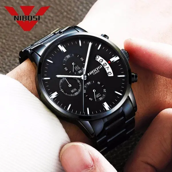 Nibosi 2353 High Quality Stainless Steel Analogue Men's Watch  – Dial Color: Black, Strap Color: Black – View 5