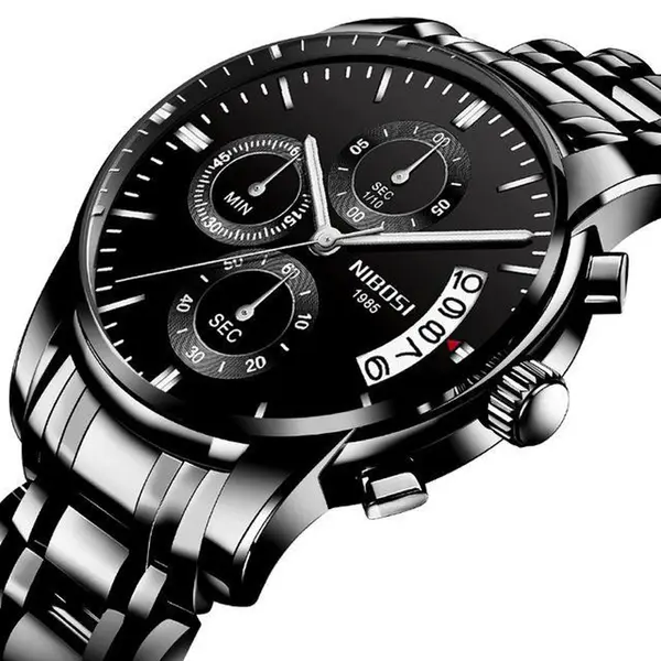 Nibosi 2353 High Quality Stainless Steel Analogue Men's Watch  – Dial Color: Black, Strap Color: Black – View 2