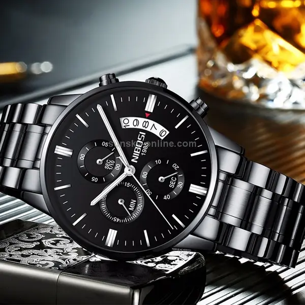 Nibosi 2353 High Quality Stainless Steel Analogue Men's Watch  – Dial Color: Black, Strap Color: Black – View 3