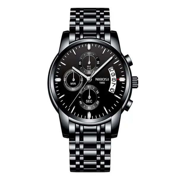 Nibosi 2353 High Quality Stainless Steel Analogue Men's Watch  – Dial Color: Black, Strap Color: Black – View 1