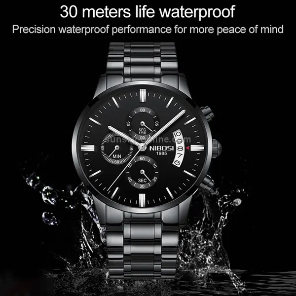 Nibosi 2353 High Quality Stainless Steel Analogue Men's Watch  – Dial Color: Black, Strap Color: Black – View 4