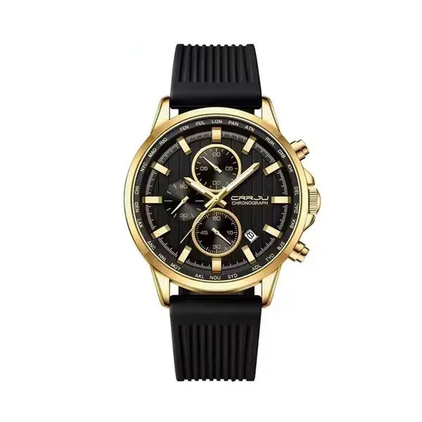 CRRJU 2315 Perfect Silicone Strap Chronometer Quartz Sport Men's Watch – Dial Color: Gold, Strap Color: Black – View 1