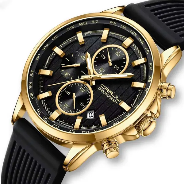 CRRJU 2315 Perfect Silicone Strap Chronometer Quartz Sport Men's Watch – Dial Color: Gold, Strap Color: Black – View 2