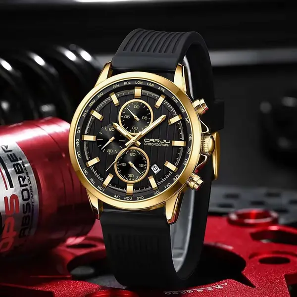 CRRJU 2315 Perfect Silicone Strap Chronometer Quartz Sport Men's Watch – Dial Color: Gold, Strap Color: Black – View 3
