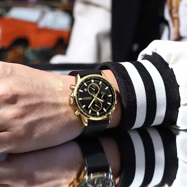 CRRJU 2315 Perfect Silicone Strap Chronometer Quartz Sport Men's Watch – Dial Color: Gold, Strap Color: Black – View 4