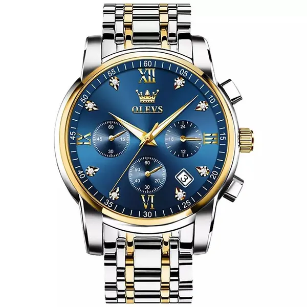 OLEVS 2858 Stainless Steel Waterproof Chronograph Luminous Men's Watch – Dial Color: Blue Gold, Strap Color: White Gold – View 1