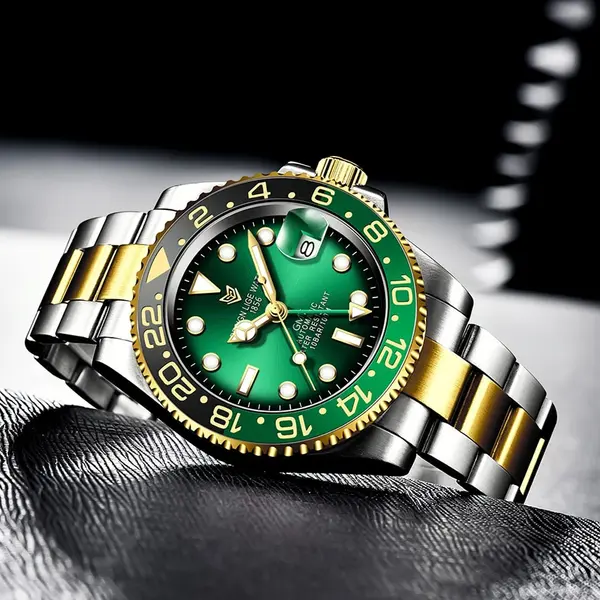 LIGE 6805 Stainless Steel 100ATM Analog Mechanical Casual Men's Watch – Dial Color: Green, Strap Color: Gold  – View 2