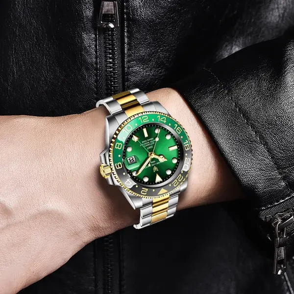 LIGE 6805 Stainless Steel 100ATM Analog Mechanical Casual Men's Watch – Dial Color: Green, Strap Color: Gold  – View 3