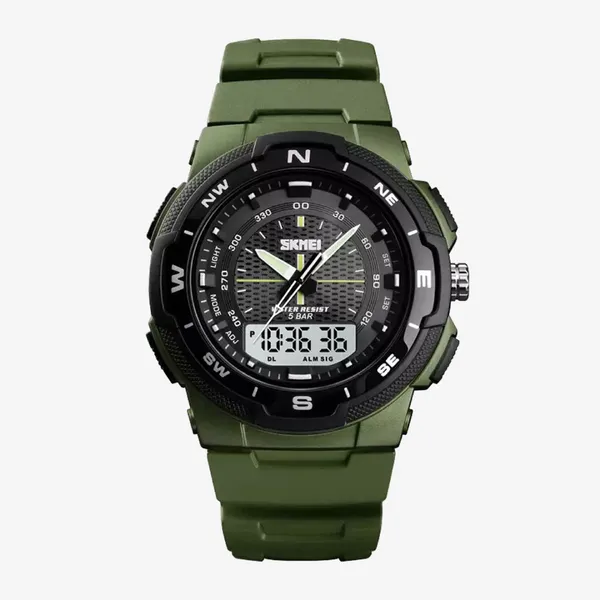 SKMEI 1454 Dual Time WaterProof Silicon Outdoor Sporty Men's Watch – Dial Color: Black, Strap Color: Green – View 1