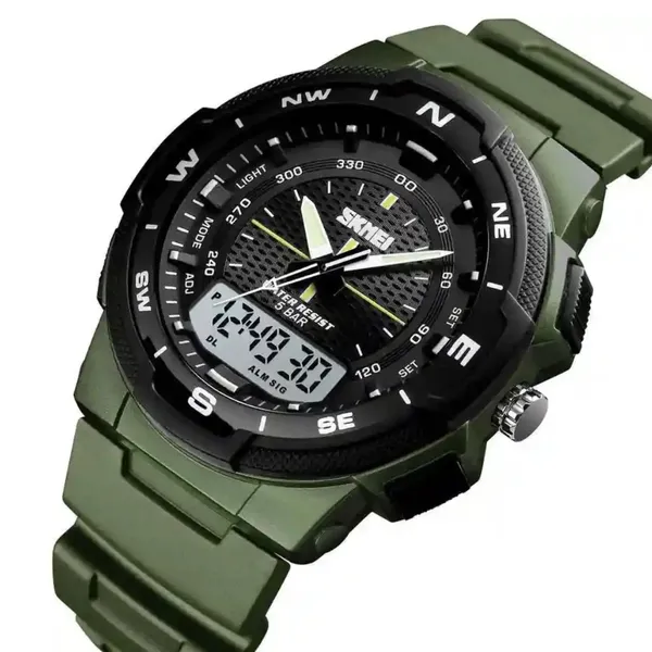 SKMEI 1454 Dual Time WaterProof Silicon Outdoor Sporty Men's Watch – Dial Color: Black, Strap Color: Green – View 2