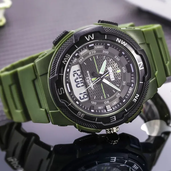 SKMEI 1454 Dual Time WaterProof Silicon Outdoor Sporty Men's Watch – Dial Color: Black, Strap Color: Green – View 3