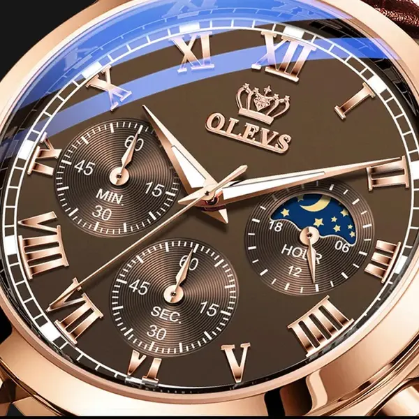 OLEVS 2871 Bold Style Leather Strap Luminous Chronograph Men's Quartz Wristwatch – Dial Color: Brown, Strap Color:  Brown  – View 4