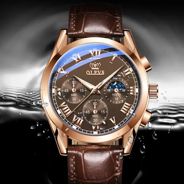 OLEVS 2871 Bold Style Leather Strap Luminous Chronograph Men's Quartz Wristwatch – Dial Color: Brown, Strap Color:  Brown  – View 7