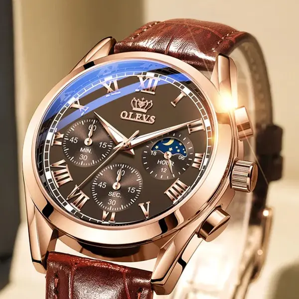 OLEVS 2871 Bold Style Leather Strap Luminous Chronograph Men's Quartz Wristwatch – Dial Color: Brown, Strap Color:  Brown  – View 6