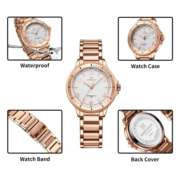 NAVIFORCE NF5021 Water Resistant Stainless Steel Quartz Women's Watch – Dial Color: White, Strap Color: Rose – View 3