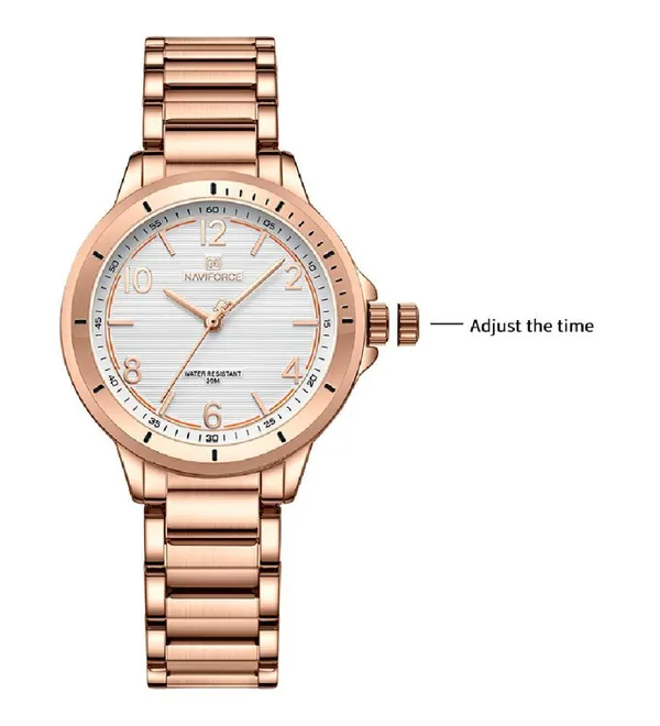 NAVIFORCE NF5021 Water Resistant Stainless Steel Quartz Women's Watch – Dial Color: White, Strap Color: Rose – View 4