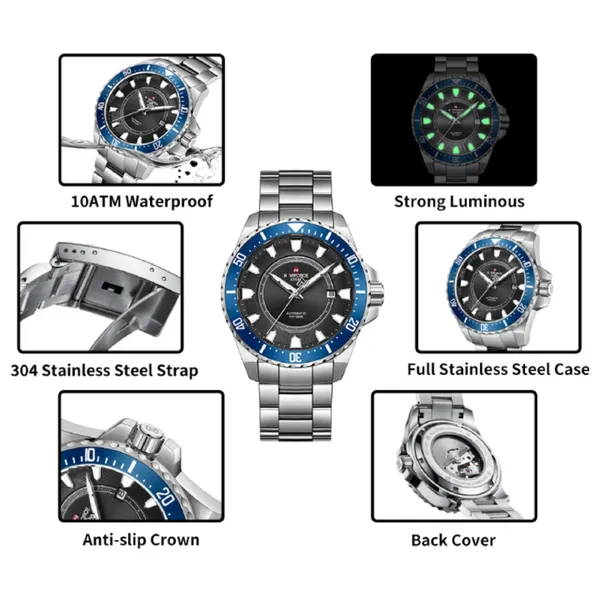 NAVIFORCE NFS1004 Luxury Mechanical Luminous Waterproof Men's Watch – Dial Color: Blue, Strap Color: Silver – View 3