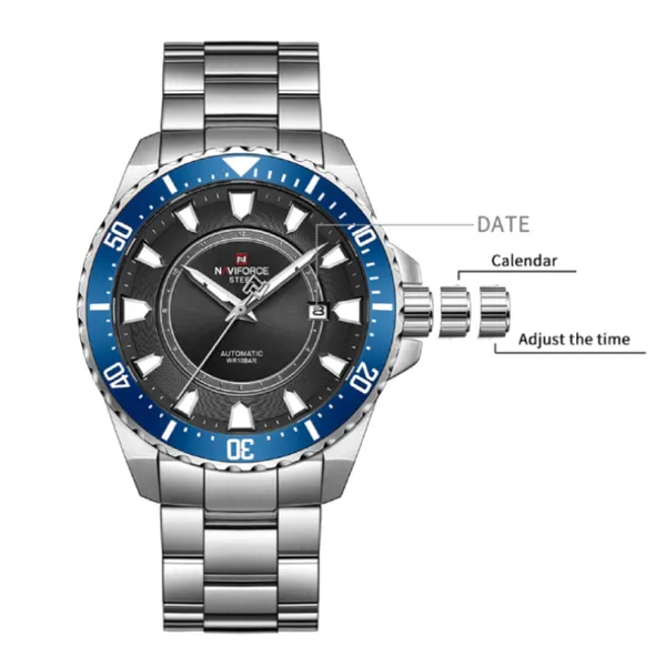 NAVIFORCE NFS1004 Luxury Mechanical Luminous Waterproof Men's Watch – Dial Color: Blue, Strap Color: Silver – View 4