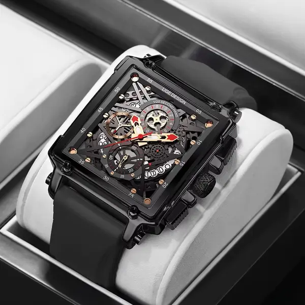 LIGE 8935 Exclusive Square Dial Analog Hollow Luxury Men's Watch – Dial Color: Black, Strap Color: Black – View 3
