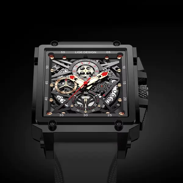 LIGE 8935 Exclusive Square Dial Analog Hollow Luxury Men's Watch – Dial Color: Black, Strap Color: Black – View 4