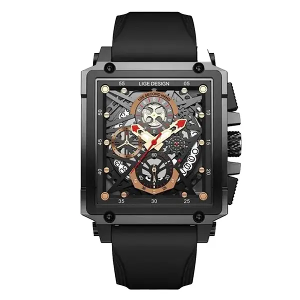 LIGE 8935 Exclusive Square Dial Analog Hollow Luxury Men's Watch – Dial Color: Black, Strap Color: Black – View 1