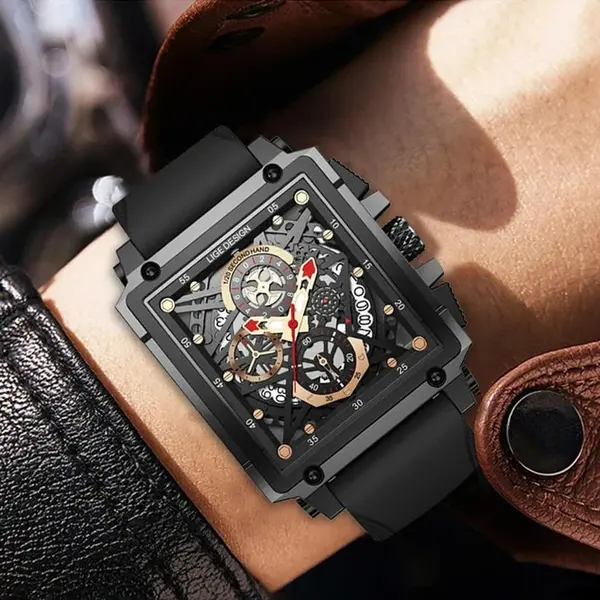LIGE 8935 Exclusive Square Dial Analog Hollow Luxury Men's Watch – Dial Color: Black, Strap Color: Black – View 2