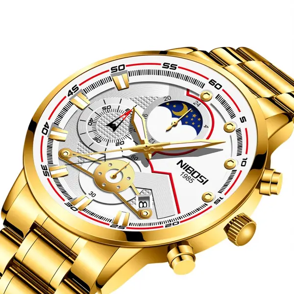 Nibosi 2503 High Quality Stainless Steel Multifunctional Classic Men's Watch – Dial Color: White, Strap Color: Gold – View 2