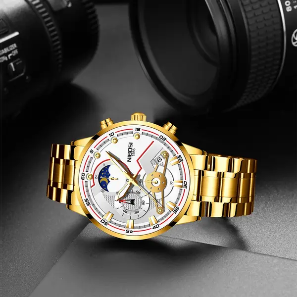 Nibosi 2503 High Quality Stainless Steel Multifunctional Classic Men's Watch – Dial Color: White, Strap Color: Gold – View 3
