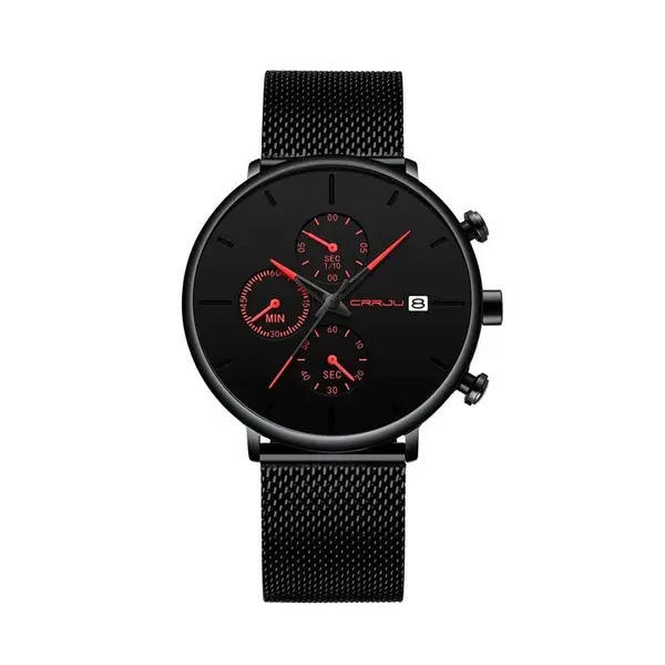 CRRJU 2268 Luxury Black Mesh Steel Band Chronograph Casual Fashion Men’s Watch – Dial Color: Red, Strap Color: Black – View 1