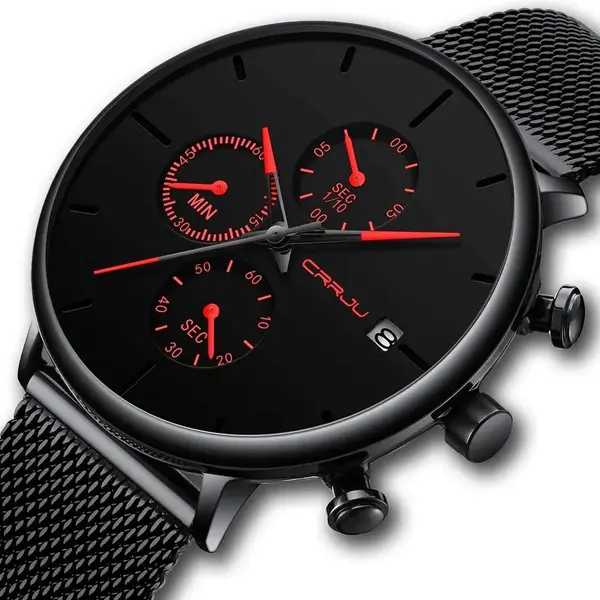 CRRJU 2268 Luxury Black Mesh Steel Band Chronograph Casual Fashion Men’s Watch – Dial Color: Red, Strap Color: Black – View 2