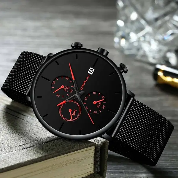 CRRJU 2268 Luxury Black Mesh Steel Band Chronograph Casual Fashion Men’s Watch – Dial Color: Red, Strap Color: Black – View 3