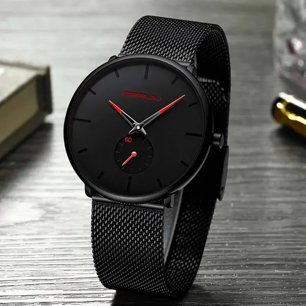 CRRJU 2268 Luxury Black Mesh Steel Band Chronograph Casual Fashion Men’s Watch – Dial Color: Red, Strap Color: Black – View 4