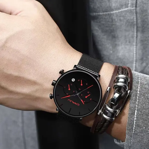 CRRJU 2268 Luxury Black Mesh Steel Band Chronograph Casual Fashion Men’s Watch – Dial Color: Red, Strap Color: Black – View 5