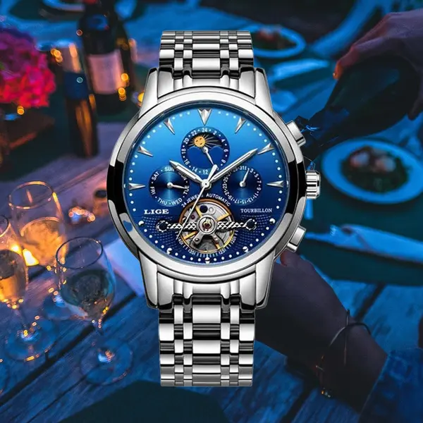 LIGE 9878 Premium Mechanical Stainless Steel Casual Men's Watch – Dial Color: Blue, Strap Color: Silver – View 2