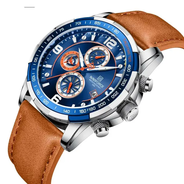 Naviforce NF8020L Luxury Leather Quartz Chronograph Casual Sports Style Men's Watch – Dial Color: Blue, Strap Color:  Brown  – View 3