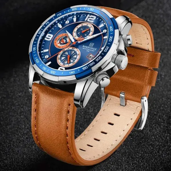 Naviforce NF8020L Luxury Leather Quartz Chronograph Casual Sports Style Men's Watch – Dial Color: Blue, Strap Color:  Brown  – View 4