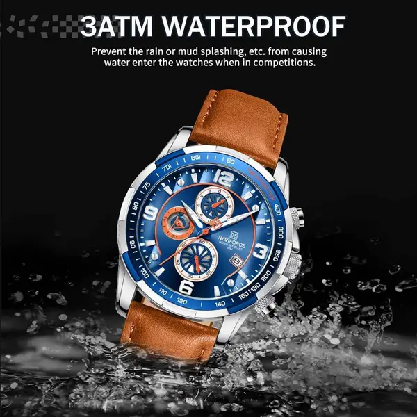 Naviforce NF8020L Luxury Leather Quartz Chronograph Casual Sports Style Men's Watch – Dial Color: Blue, Strap Color:  Brown  – View 5