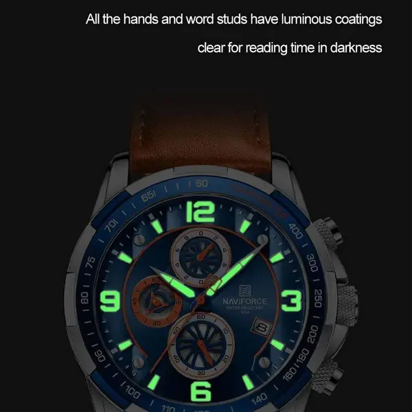 Naviforce NF8020L Luxury Leather Quartz Chronograph Casual Sports Style Men's Watch – Dial Color: Blue, Strap Color:  Brown  – View 6